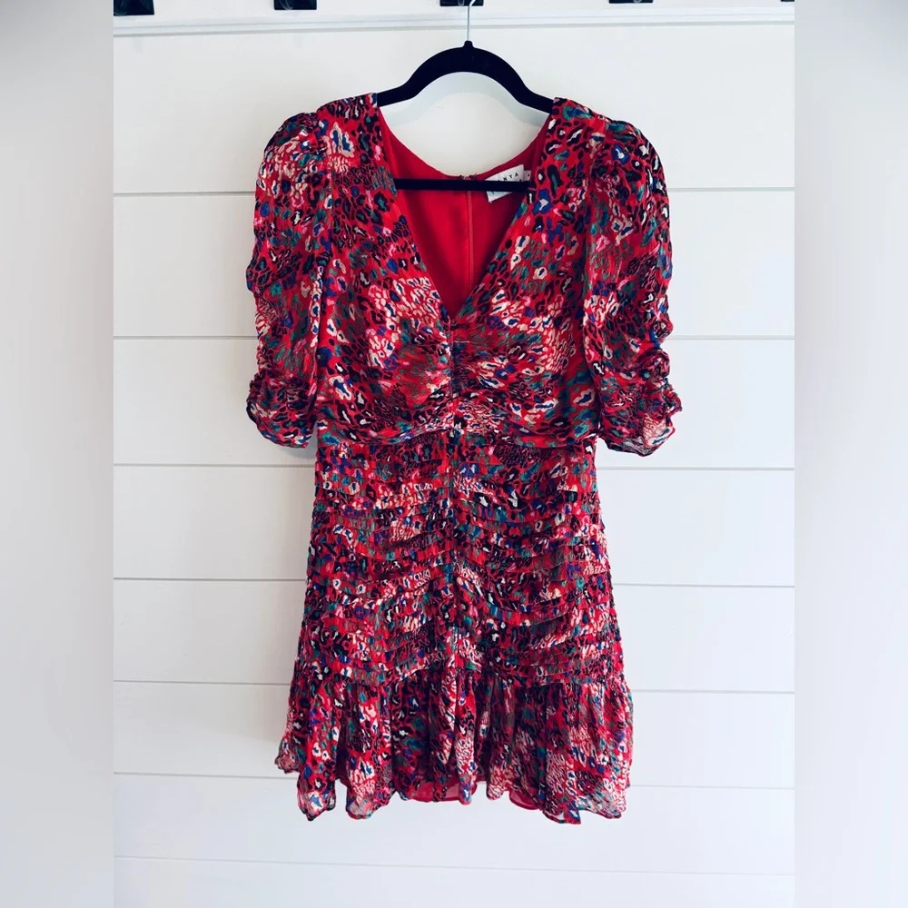 Tanya Taylor Red Floral Rouched Mini Dress, Size 8 - Picture 1 of 10